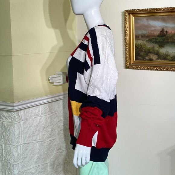 90’s Nautica Colour Block 100% Cotton Multi Colour Cable Knit Oversized Sweater - Picture 6 of 13